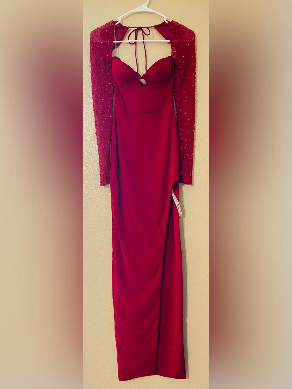 Oh Polly Red Long Sleeve Evening Gown with Beaded Cape